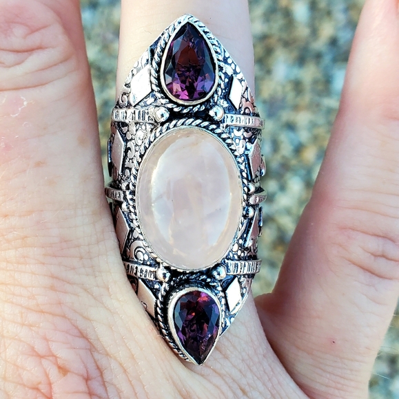 New Rose Quartz and Amethyst 925 Silver Statement Ring. - Picture 4 of 16